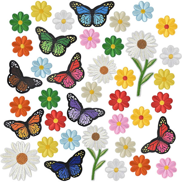 39 Stykker Daisy Blomst Sommerfugl Broderet Stryge-på Lap, Broderi Sy-på Lap, Sy Stryge-på Lappe Badge Applikation, Reparationslap Sticker til Jeans