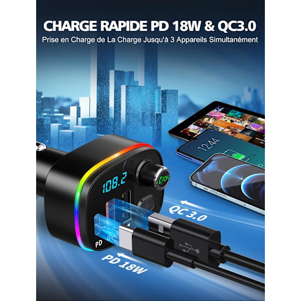 Bluetooth 5.0, QC3.0 & PD 18W USB C Bluetooth bil-FM-sender med 9 RGB-bakgrunnsbelysning, bil-Bluetooth-adapter støtter håndfri samtaler, assistent, US