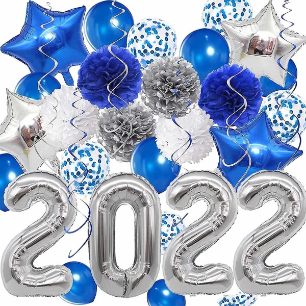 2022 examensdekorationer silver och blå - 40 tums silver 2022 ballonger, blå silver papperspump