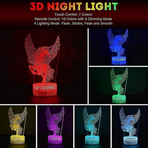 Nattljus för barn Häst 3d Nattljus tumlare Illusion Lampa med fjärrkontroll 16 färger Changi
