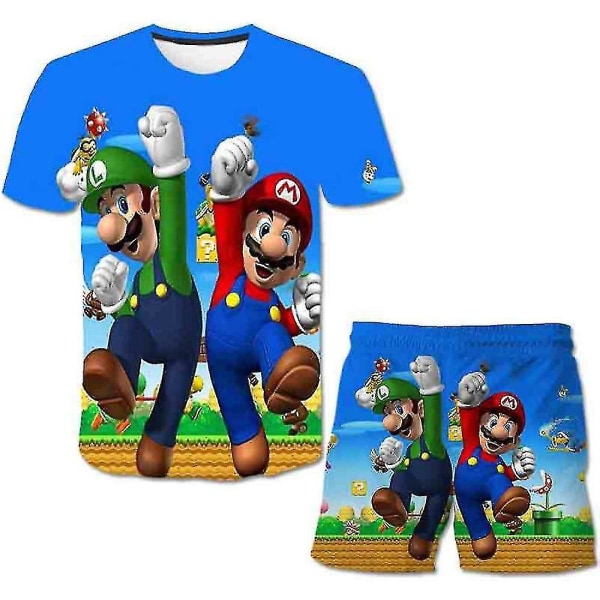 6-12 år Super Mario Bros Kids Summer T-shirt Tops + Shorts Set C