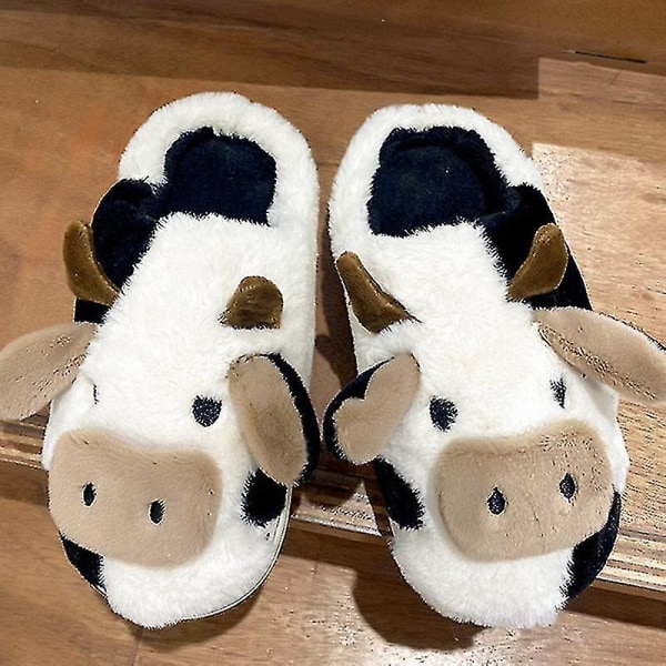 Fuzzy Cow Tofflor Söta Varma Mysiga bomullsskor Animal Shape Slip-on Tofflor för kvinnor Tjej Vinter Cow Cotton Mop Package