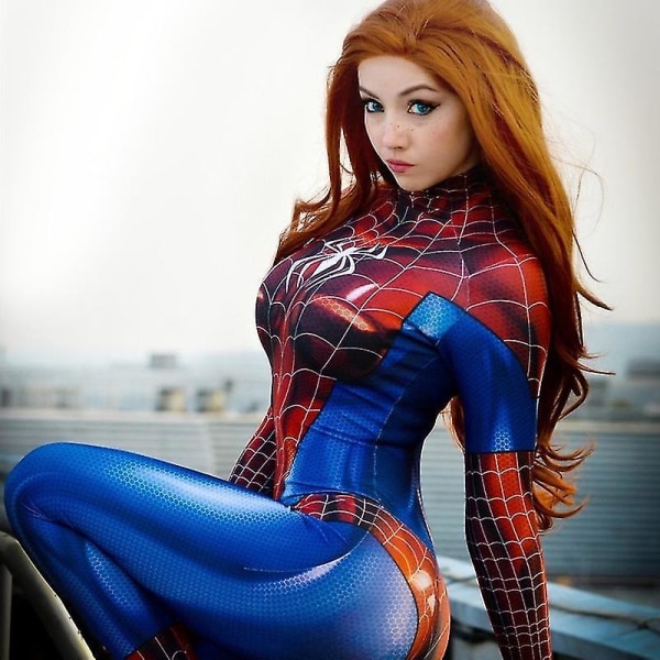 Spider Man Kostym Sexig Mj Spiderman Cosplay Kostym Kvinna Zentai Jumpsuit Superhjälte Body Hallo Red