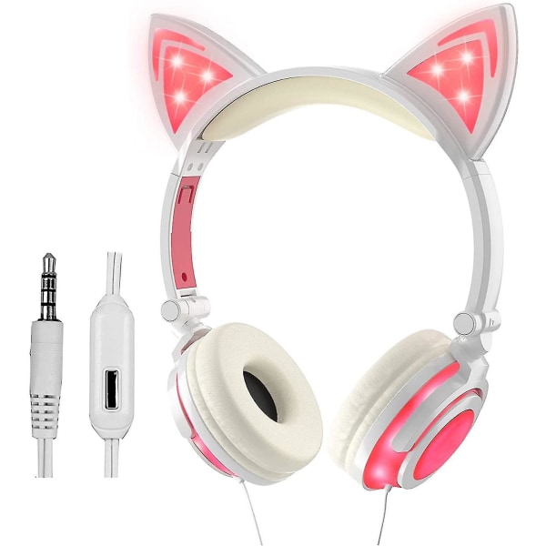 Kabelanslutna Kids Cat-hörlurar med mikrofon, justerbara On-ears Stereo Vikbar Led Cute Kitty Gift Hea