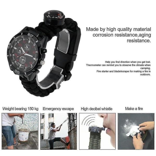 Utomhus multifunktionell 6 i 1 Survival Watch armband med vävdesign