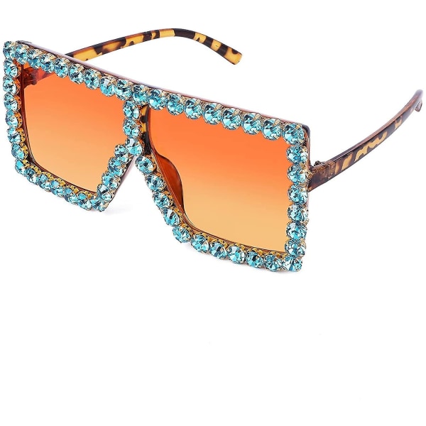 Överdimensionerade glittrande kristallsolglasögon Disco Diamond Flat Top Fashion Square Stora nyanser