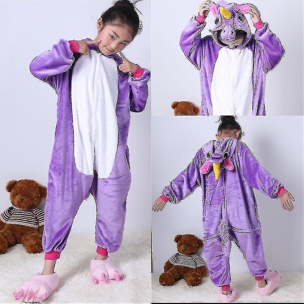 Barn Onesie Flanell Pyjamas Tecknad Djurfigur Kostym med Huva Vinter Hem Kostym För Little Red Dinosaur