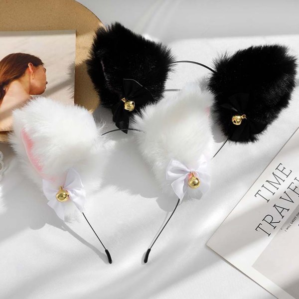 Faux Fur Kitten Ears Pannband med Choker Halsband Set Lolita Cosplay kostym Black Black