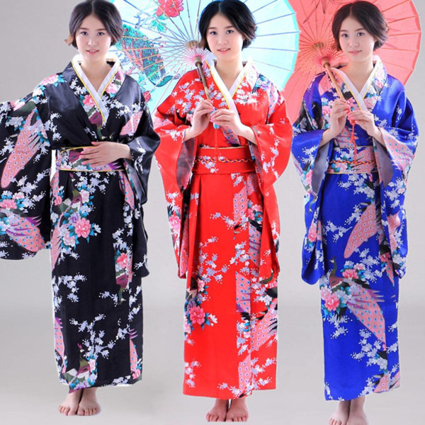 Kvinnor Flickor Japansk Satin Lång Kimono Yukata Foto Cosplay sky blue black