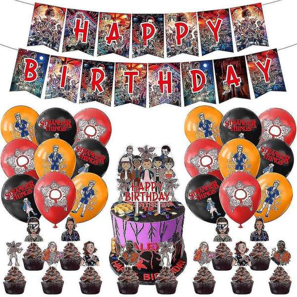 Tecknad Stranger Things Party Dekoration Ballonger Banner Cake Topper Set