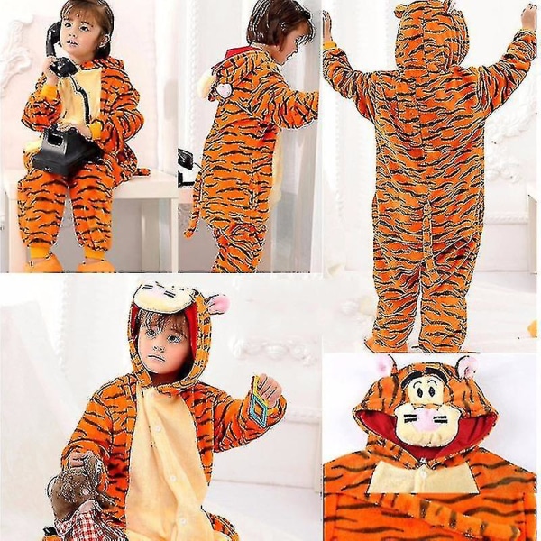 Barn Onesie Flanell Pyjamas Tecknad Djurfigur Kostym med Huva Vinter Hem Kostym För 3D Tigger