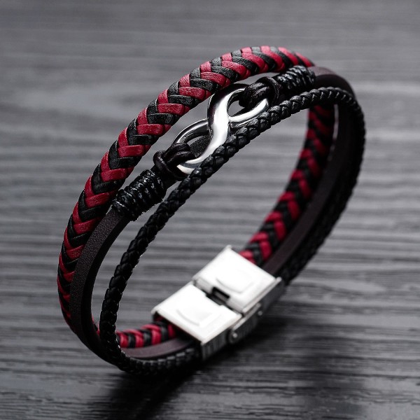 Lädervävd titanstål Röd och svart färg Läderhanarmband
