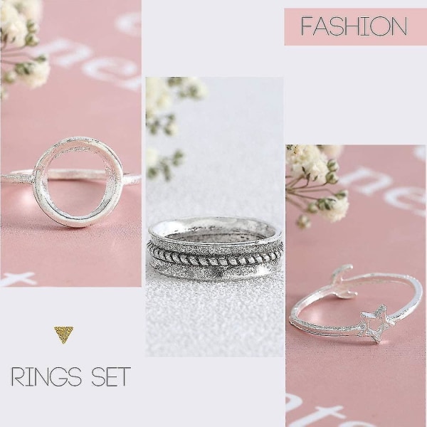Set med 12 silverringar i vintage för kvinnor och flickor Ringar med knogringar Stapelbara ringar