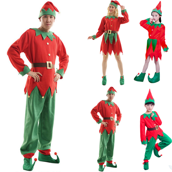 Barn Vuxen Jul Elf Kostym + Hat Rolig Xmas Outfit Cosplay Y Girl Adult one size fits all Boy 10-12Years