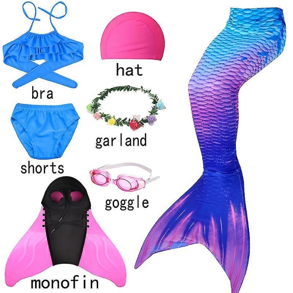 Barn Flickor Simning Mermaid Tail Cosplay Pink Bluey Barn Halloween Party Present Baddräkt Can Add M 7pcs with monofin-G