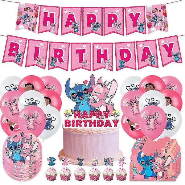 Pink Stitch Tema Party Dekoration Ballonger Banner Cake Topper Set