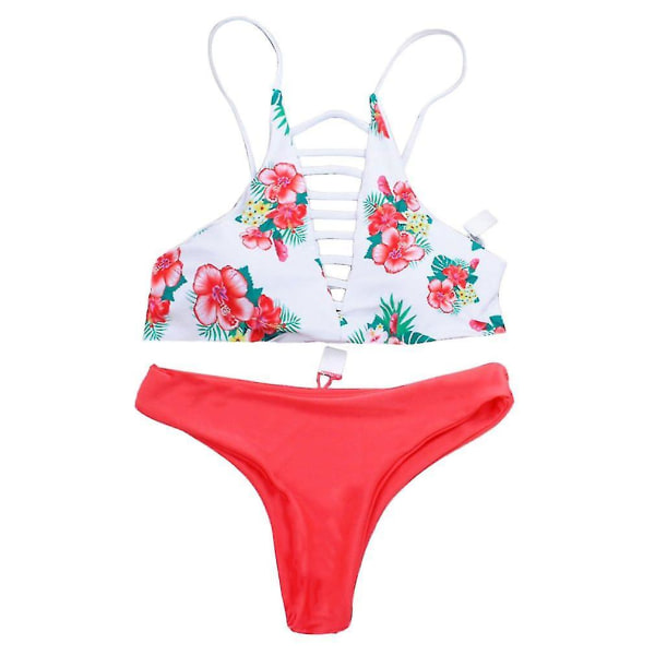 Blommönster Baddräkt kvinnliga Bikini Set High Neck Strips Design Sommar