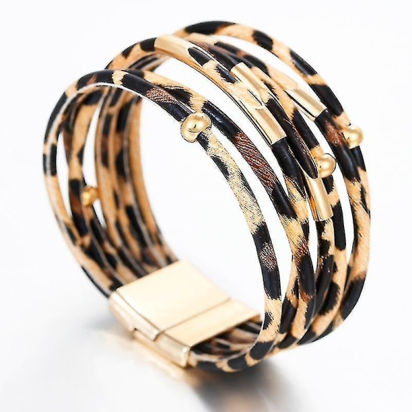 Elegant flerlagers bred omslag, leopardläderarmband (khaki)