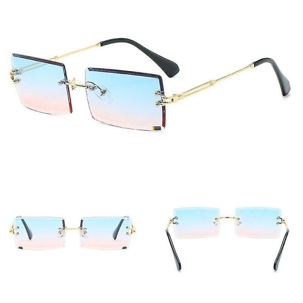 (Guldram Blå Rosa Glas) UV400 rektangelskurna båglösa solglasögon Tonade linser Mode Trendigt