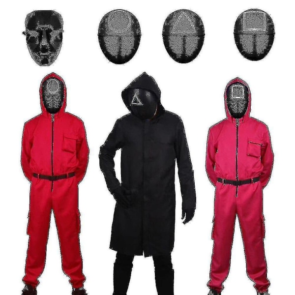 Squid Game Jumpsuit Boss Coat Mask Handskar omgång sex Samma skurk Röd kostym Vuxna barn Set 3