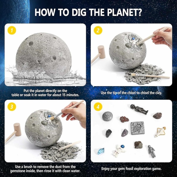 Solsystemet Moon Dig Kit Gräv upp 13 ädelstenar och kristaller stenar och mineraler Rymdastronautleksaker Chris