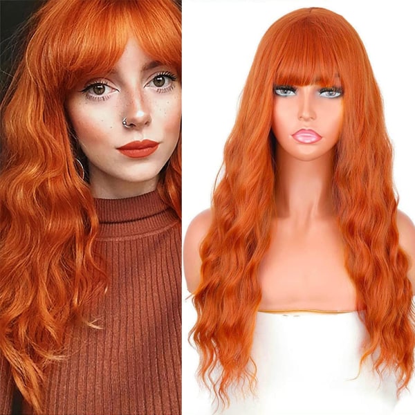 Dam Orange Röd Vågigt Långt lockigt hår Bangs Peruk Doll Cosplay