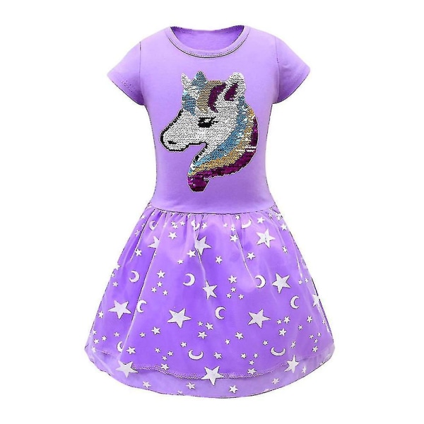 Barn paljetter Unicorn Princess Dress Kortärmade A-line klänningar för 2-7 åriga tjejer Purple