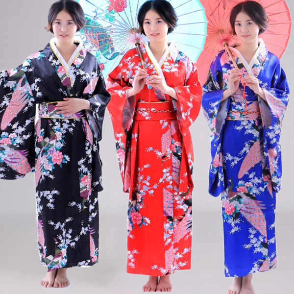 Kvinnor Flickor Japansk Satin Lång Kimono Yukata Foto Cosplay sky blue sky blue