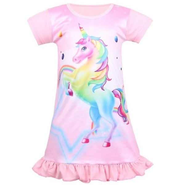 Unicorn Print Barn Flickor T-shirt klänning Sovkläder Kortärmad volang Nattlinne (rosa)