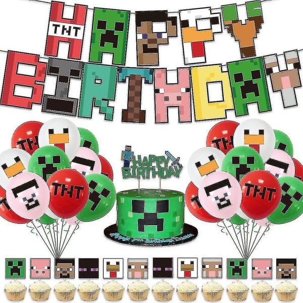 34st Minecraft Grattis på födelsedagen ballonger 12 tum färgglada latex ballonger med flagga och tårtskylt