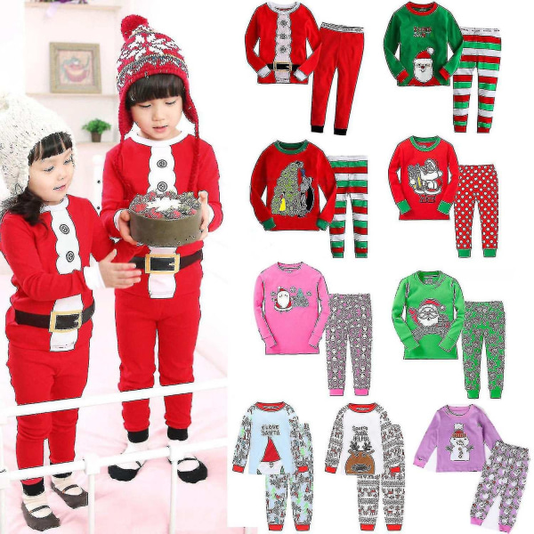 Kids Boy Girl Christmas Pyjamas Set Xmas Long Sleeve Nightwear Nattkläder Outfit_aw Green Striped Christmas Man