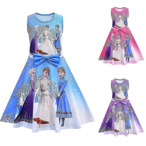 Frozen Elsa Anna Princess Print Skater Klänning Barn Flickor Ärmlösa Swing Klänningar Blue