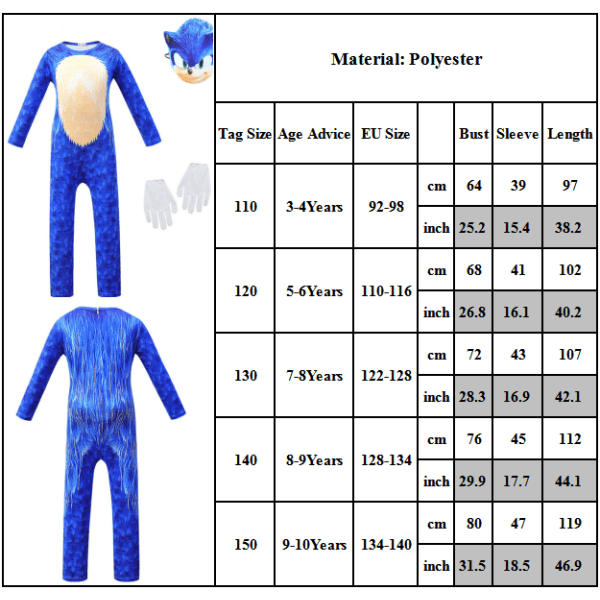 Sonic The Hedgehog Cosplay kostymkläder för barn, pojkar, flickor Jumpsuit + Mask + Handskar 9-10 år = EU 134-140 Jumpsuit + Mask + Handskar 10-14 år = EU 140-164