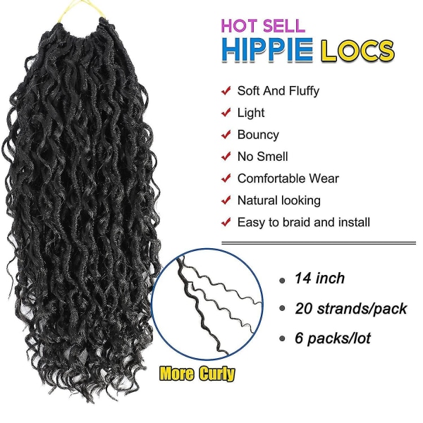 6 förpackningar Lockigt Faux Locs Virkat hår, 14 Inch Goddess Locs Virkat hår, Hippie Locs Braids Hair Ext