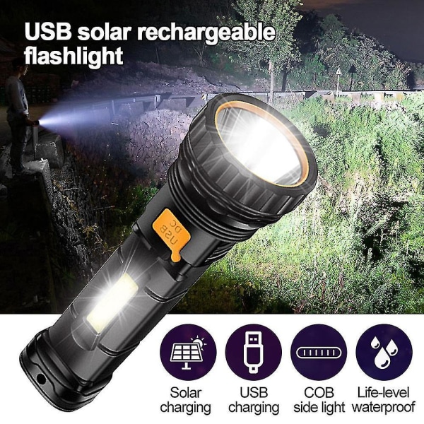 USB/solar laddningsficklampa Inbyggd batterifackla med Cob Side Lanterna Vattentät Hand Camping