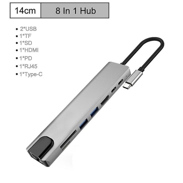 Hub 8-i-1 typ C aluminiumlegeringsläsare PD USB-C för MacBook Pro till I RJ45 HDMI USB 3.0-portar USB