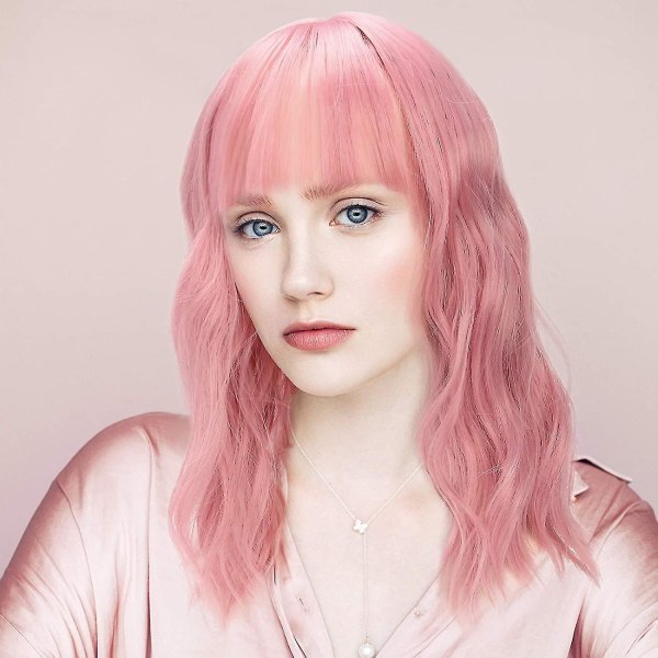 Peruker för kvinnor, 16'' Pastell lösa vågiga peruker med lugg, axellängd Pastell Bob Synthetic Cosplay