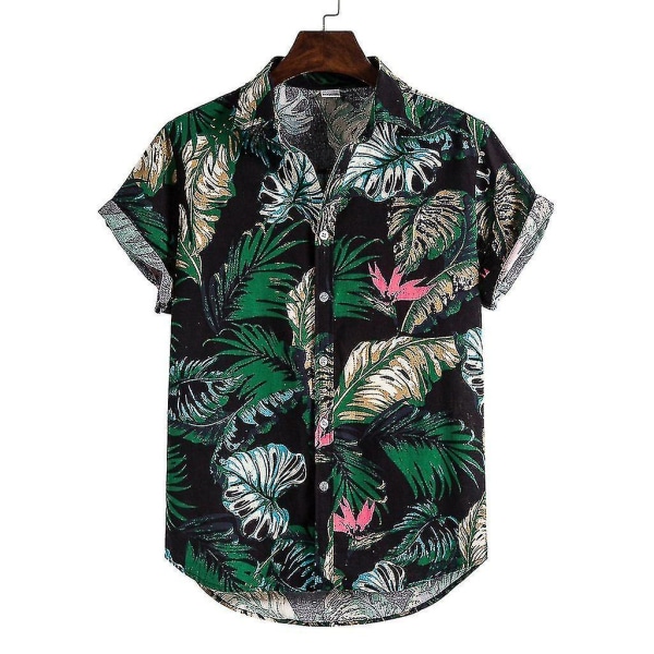 Herr Linne Etnisk Kortärmad Casual Printing Hawaiian Shirt Blus T-shirt