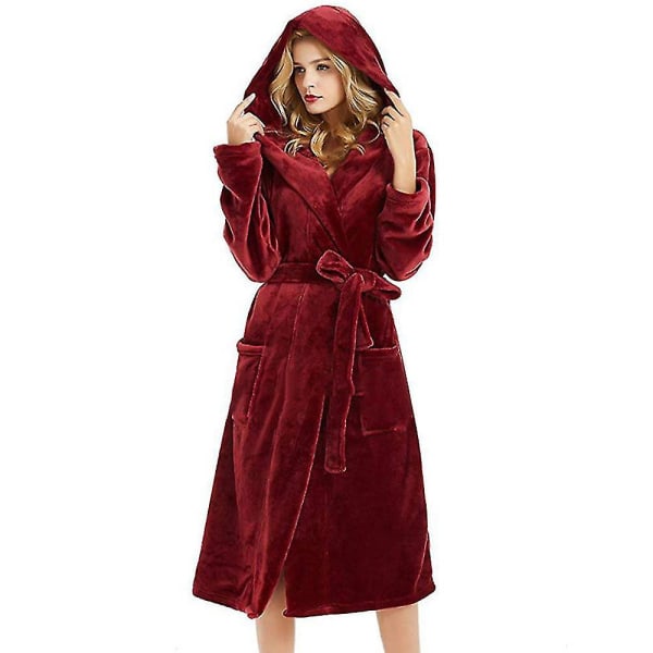 Kvinnor Morgonrock Hooded Fleece Fodrad Fluffig Morgonrock Wine Red