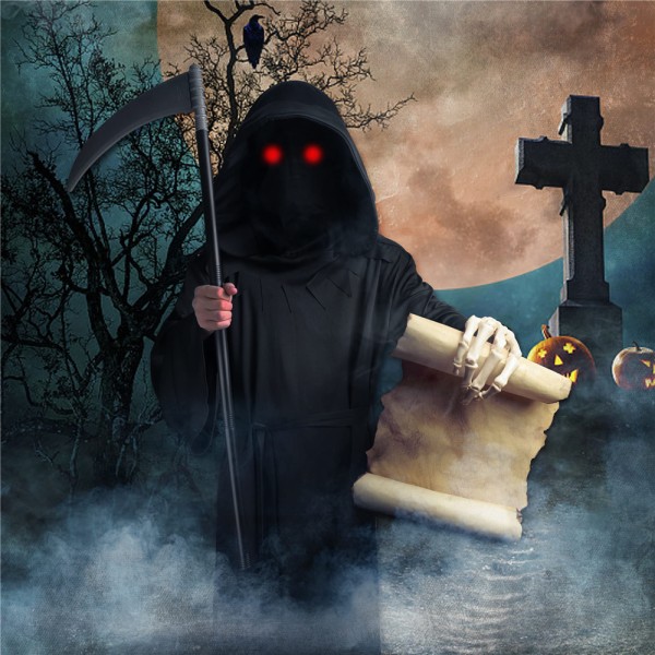 Grim Reaper Kids Cosplay Kostym med Light Up Red Eye Halloween M L