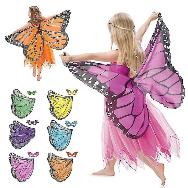 Kids Girl Butterfly Wings Cape med mask Fairy Pixie Cosplay kostym W10 W14