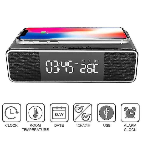 Led Elektrisk väckarklocka Digital termometerklocka HD-klocka med telefon trådlös laddare och datum Fm