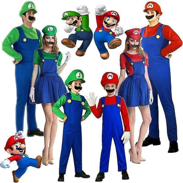Super Mario Luigi kostym Cosplay för vuxna barn Mario Red Women L-(165-170cm) Luigi Green Boy L-(120-130cm)