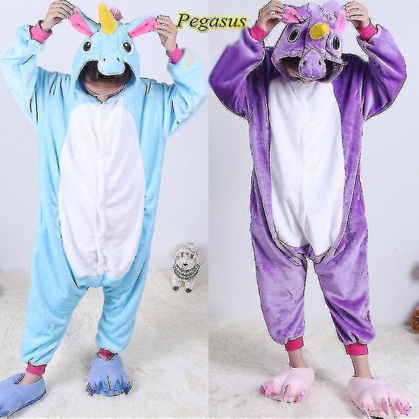 Barn Onesie Flanell Pyjamas Tecknad Djurfigur Kostym med Huva Vinter Hem Kostym För Purple Pegasus