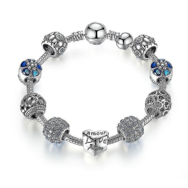 Silverpläterad berlockarmband & armring med kärlek och blompärlor (21cm)