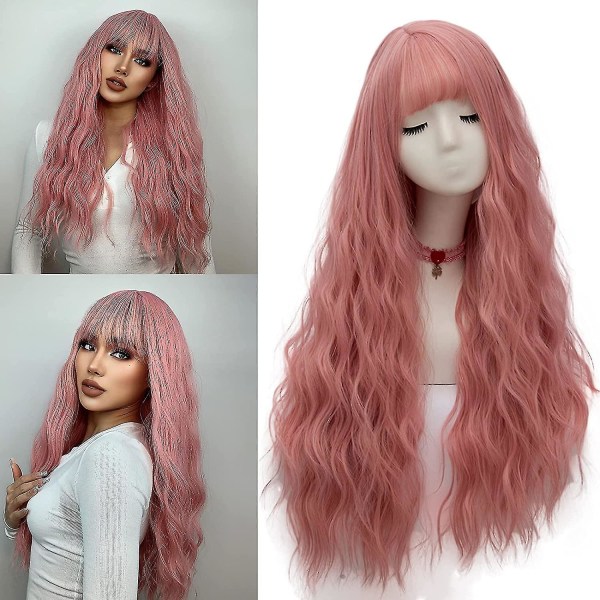 Rosa peruk för kvinnor, långa fluffiga lockiga vågiga hår peruker, värmebeständiga och syntetiska