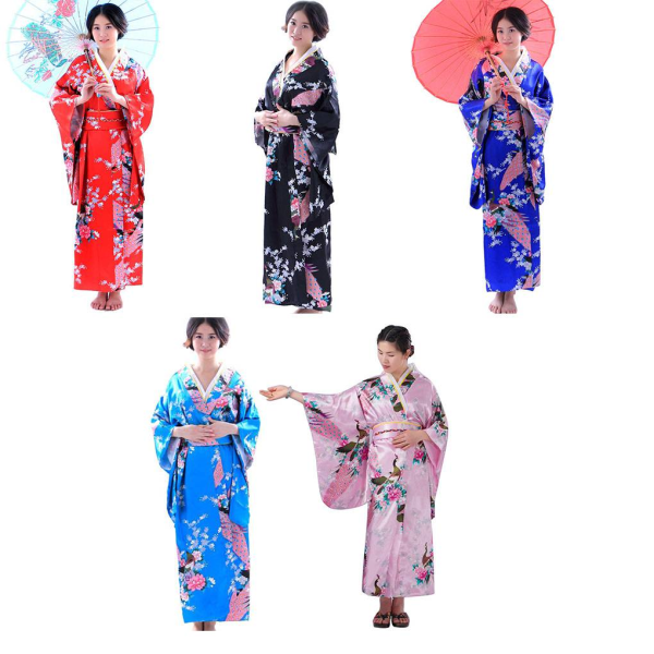 Kvinnor Flickor Japansk Satin Lång Kimono Yukata Foto Cosplay black sky blue