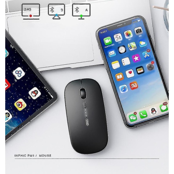 Bluetooth och 2,4 GHz uppladdningsbar trådlös mus (svart)