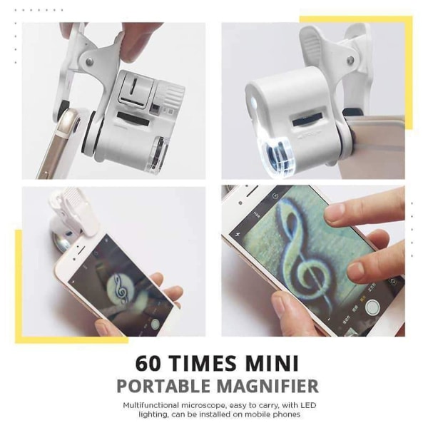 60x förstoringsglas Universal Mobiltelefon Mini Portable Clip Led Mikroskop Förstoringsglas Lupp Uv Cur