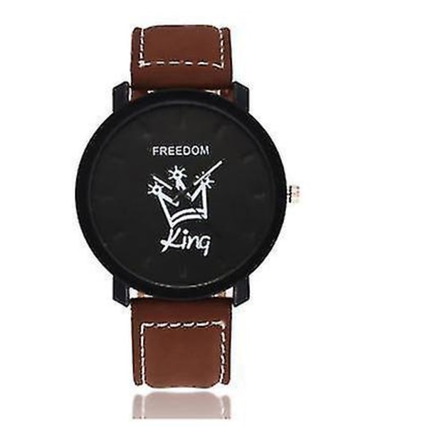 King & Queen Crown watch /armbandsur med PU konstläderband (brun/svart1)